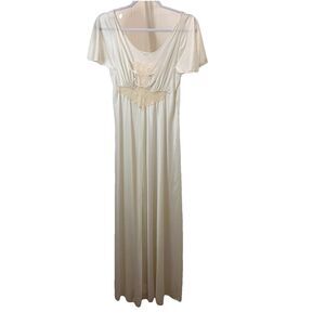Diversions White Ivory Satin Long Maxi Night Gown Lounge Womens Size M Lace Trim